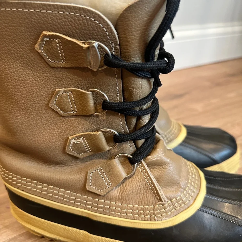 Sorel‎ Caribou Snow Boots Women 9 Tan Leather Waterproof Winter Duck Boots VTG